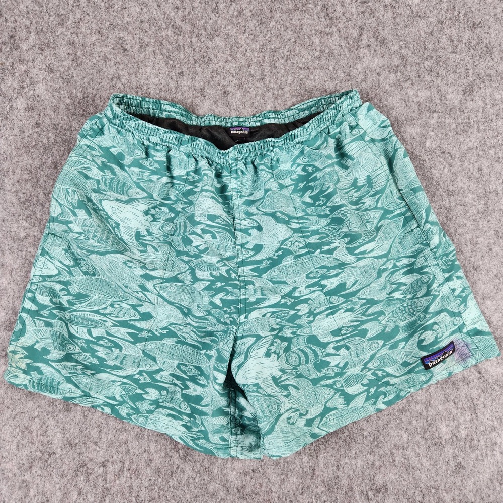 Patagonia Baggies Shorts Mens M Green Hexy Fish Print Mesh Lined Swim Trunks
